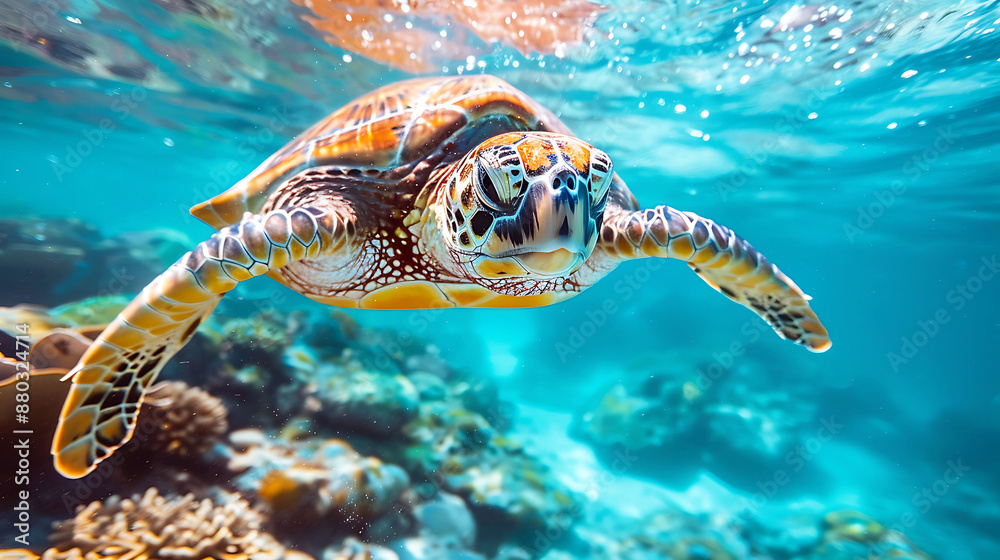 Obraz premium A sea turtle swims underwater near a coral reef surrounded by coral reefs in the tropical ocean.