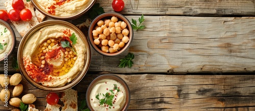 Various delectable hummus varieties presented on a wooden surface in a flat lay composition, featuring copy space for text.