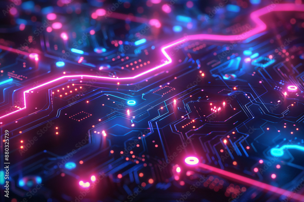 Electric blue and pink lines illuminate a futuristic digital world. Electric blue and pink lines illuminate a futuristic digital world.