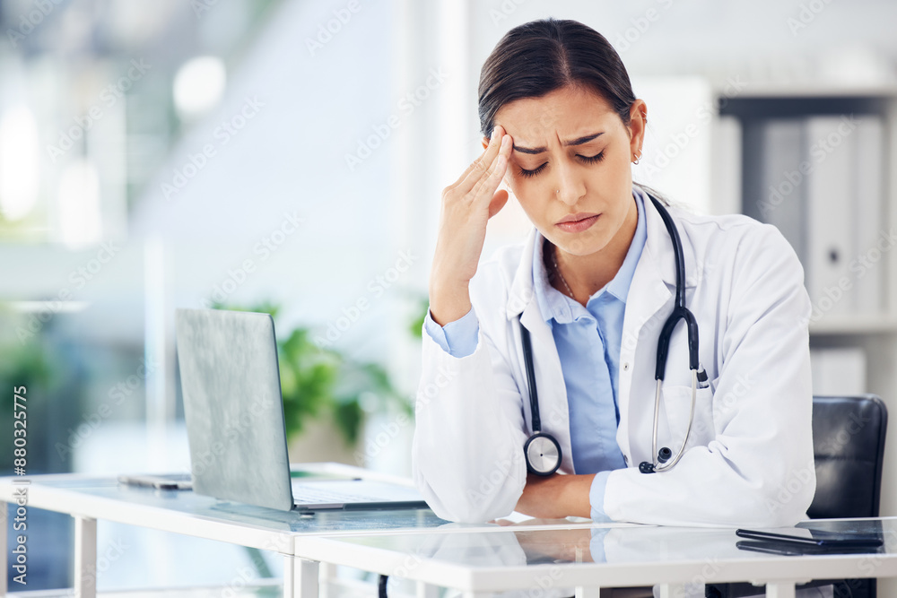 Doctor, sad woman or headache with stress or crisis in hospital office for medical test results. Migraine, mental breakdown or exhausted healthcare worker frustrated by burnout, anxiety or fatigue Doctor, sad woman or headache with stress or crisis in hospital office for medical test results. Migraine, mental breakdown or exhausted healthcare worker frustrated by burnout, anxiety or fatigue