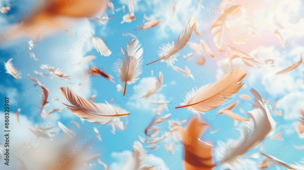 Soft white feathers floating in a bright blue sky. Soft white feathers floating in a bright blue sky.