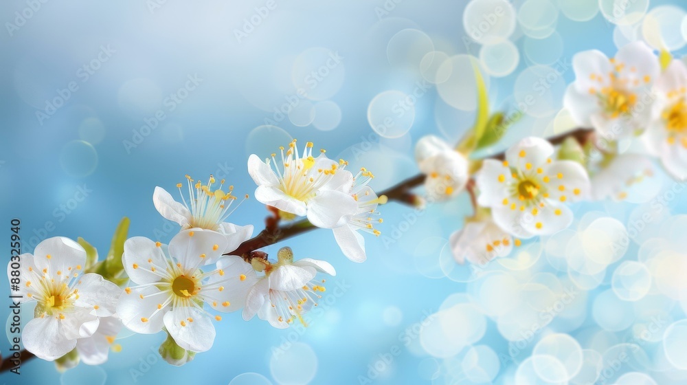 Stunning spring floral abstract backdrop with apricot blossoms on a light blue sky. Ideal for Easter and spring greeting cards.