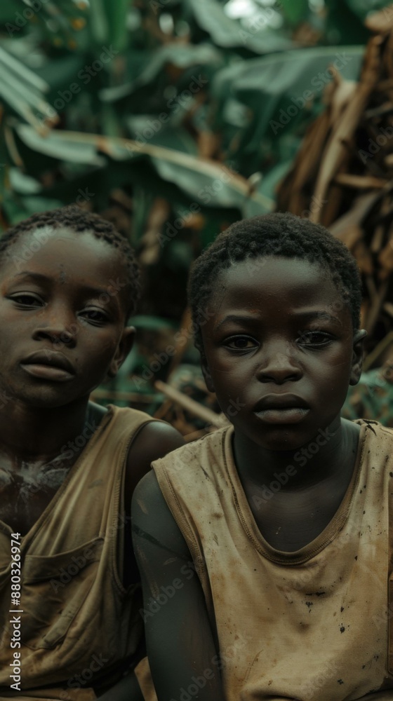 Naklejka premium Two young boys stare at the camera in a lush green jungle setting. AI.