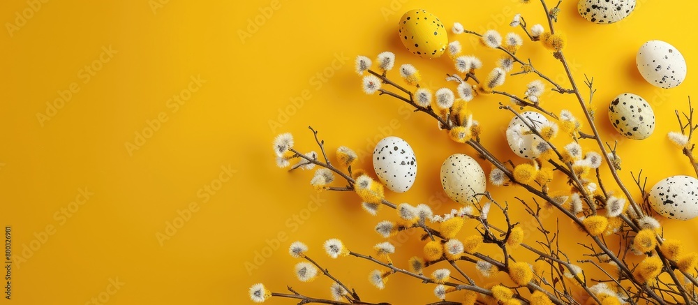 Fototapeta premium Spring and Easter concept featuring pussy-willow twigs adorned with Easter eggs set against a yellow backdrop, ideal for copy space image.