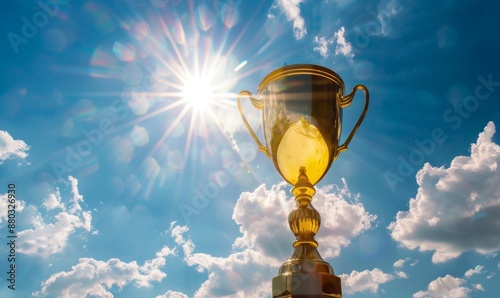 The golden trophy was raised in triumph. This scene captures the moment of success with the trophy shining brightly.