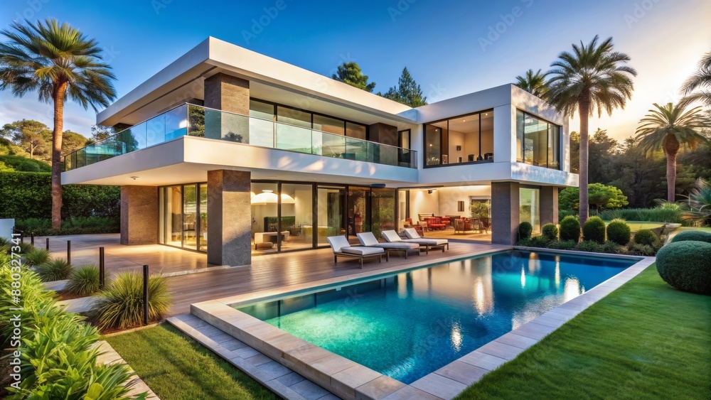 Fototapeta premium Sleek, contemporary villa boasts expansive glass facade, infinity pool, and lush greenery, exuding opulence and sophistication in serene surroundings.