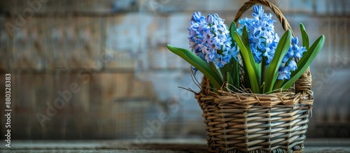 Spring holiday arrangement with a blue hyacinth flower in a wicker basket on a vintage unpainted wooden backdrop, perfect for copy space image. photo