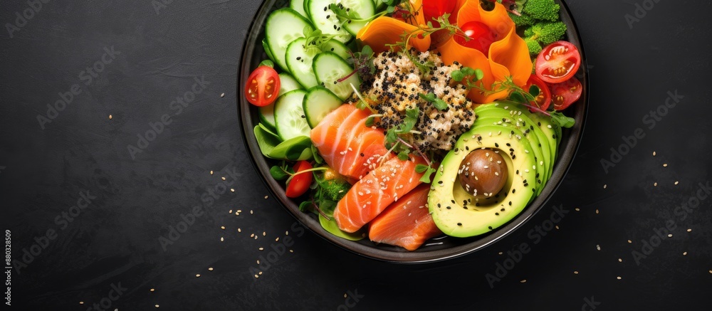 Top view of a salad featuring salmon, avocado, tomatoes, and cucumber, garnished with flax seeds, sesame seeds, and micro greens on a gray background with space for additional content. Top view of a salad featuring salmon, avocado, tomatoes, and cucumber, garnished with flax seeds, sesame seeds, and micro greens on a gray background with space for additional content.