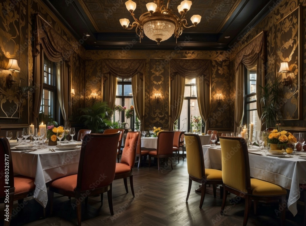 Fototapeta premium Luxurious restaurant with elegant table settings and dim lighting. AI.