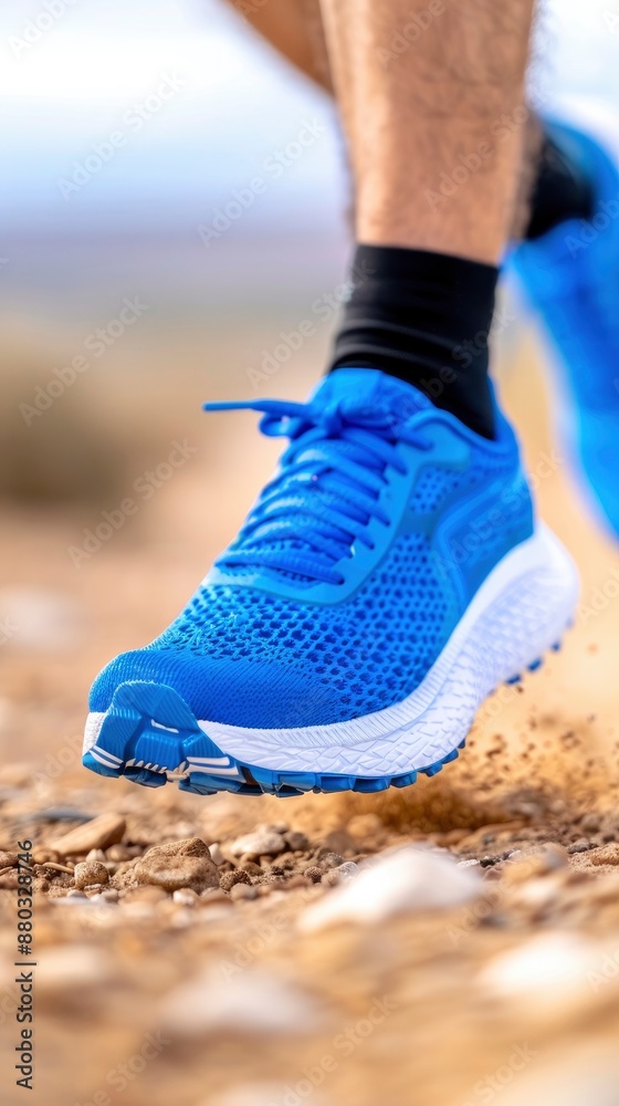 A person is running in a blue and white shoe A person is running in a blue and white shoe