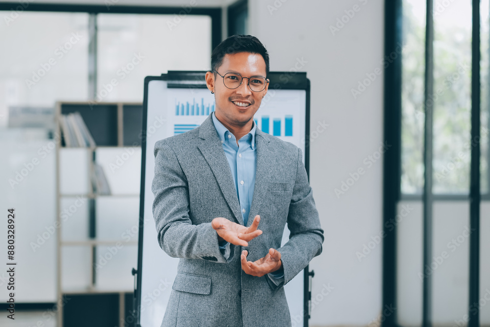 Fototapeta premium Young businessman giving presentation to his colleagues