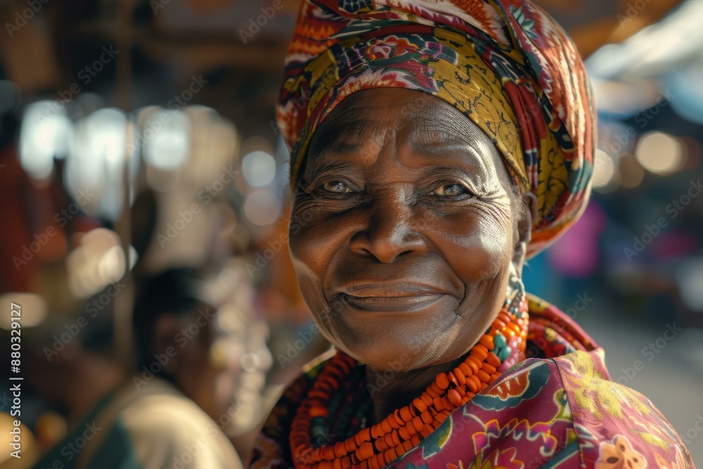Portrait of a smiling elderly African woman wearing a colorful headscarf and traditional clothing. AI. Portrait of a smiling elderly African woman wearing a colorful headscarf and traditional clothing. AI.