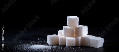 Cube and granulated sugar displayed on a dark background with copy space image. photo