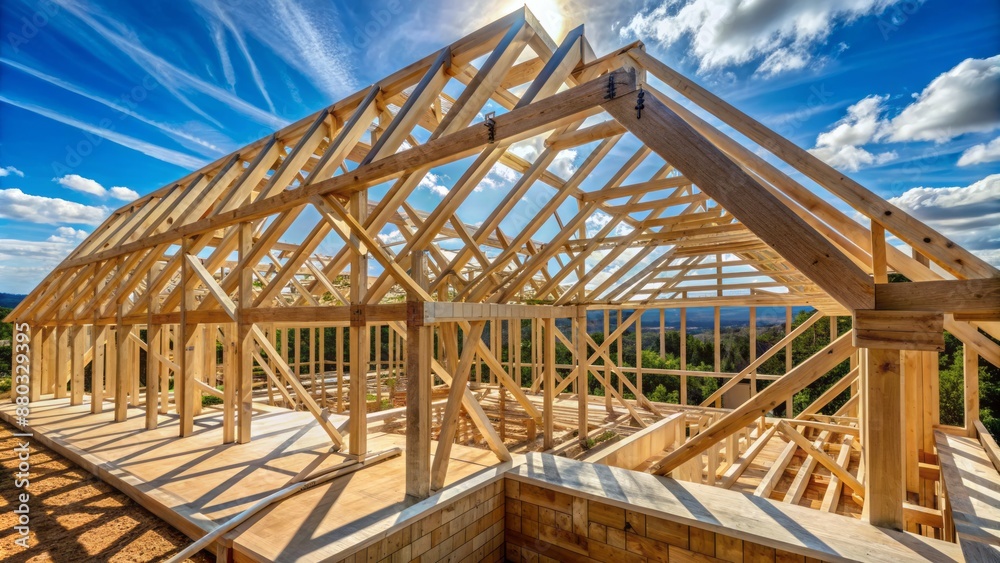 Wooden roof trusses and beams under construction, forming the skeleton of a new house with intricate framework and precise joints. Wooden roof trusses and beams under construction, forming the skeleton of a new house with intricate framework and precise joints.