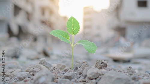 Fototapeta Naklejka Na Ścianę i Meble -  A small green sprout growing in the middle of an urban street