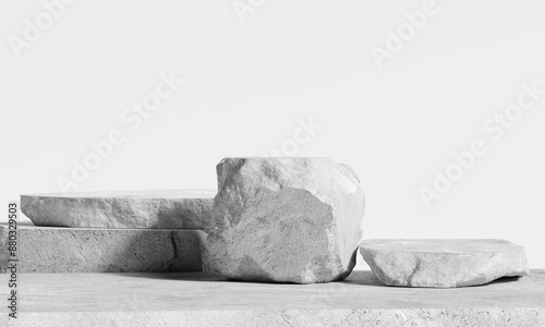 White stone podium, Cosmetic display product stand on white background. 3D rendering	
