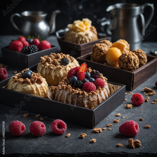 Assorted fruit and granola desserts in small bowls, featuring berries, grapes, and crumbly toppings.