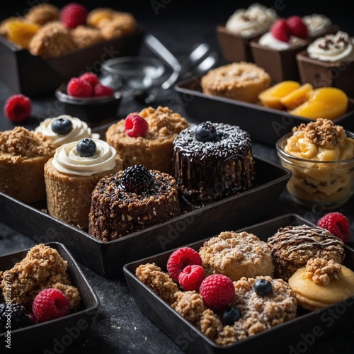 An assortment of mini cakes and desserts topped with berries, cream, and granola, beautifully presented.
