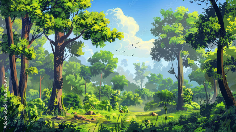 A lush green forest with a few trees and a pond