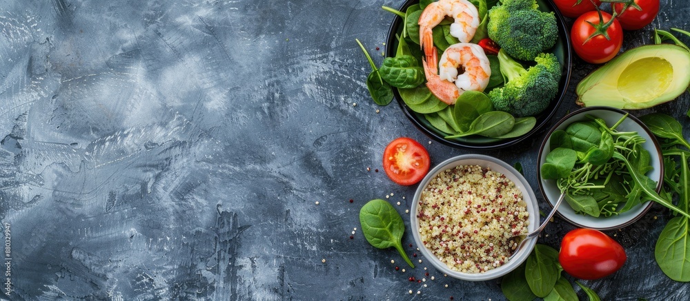 Healthy food assortment featuring spinach, avocado, tomato, salad, broccoli, shrimp, and quinoa on a background with copy space image. Healthy food assortment featuring spinach, avocado, tomato, salad, broccoli, shrimp, and quinoa on a background with copy space image.