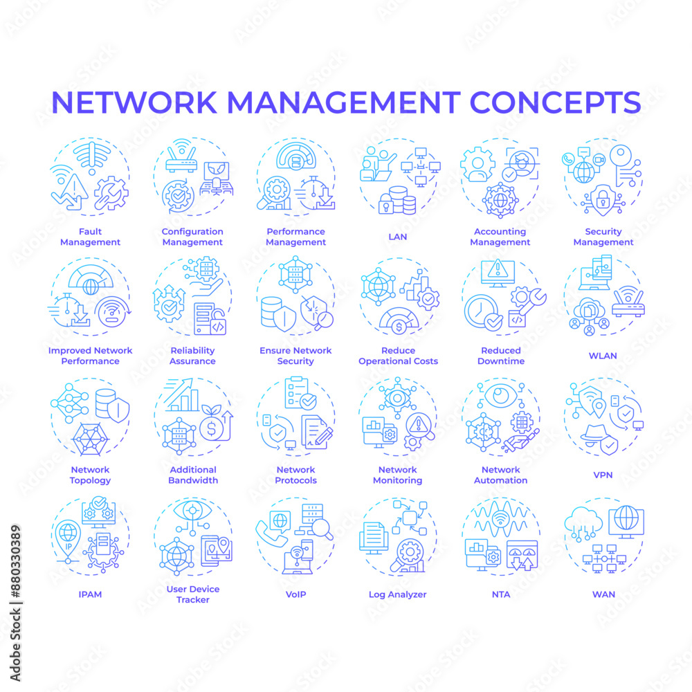 Network management blue gradient concept icons. Local area network. Digital infrastructure. System architecture. Server security. Icon pack. Vector images. Round shape illustrations. Abstract idea Network management blue gradient concept icons. Local area network. Digital infrastructure. System architecture. Server security. Icon pack. Vector images. Round shape illustrations. Abstract idea