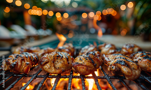 chicken breast/ drumsticks on a griil in the garden by the pool, house summer party, doing a bbq / barbecue	 photo