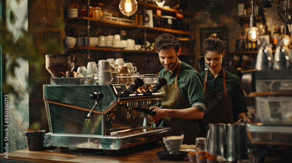 The baristas at coffee machine The baristas at coffee machine
