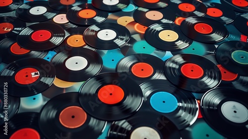 A collection of vintage vinyl records with colorful labels scattered on a surface, representing the retro music era. photo