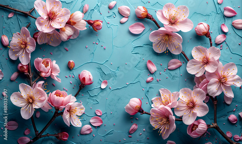 Wallpaper Mural pink cherry flowers blossom branches on turquoise blue background, spring wallpaper with copy space Torontodigital.ca