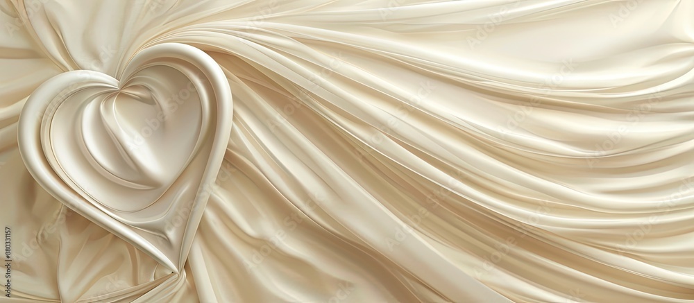 Fototapeta premium Heart shaped frame card in exquisite beige silk with a pearly white wave design set against an abstract textured backdrop with ample copy space image