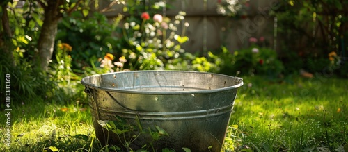 An aluminum bucket rests within an untidy garden creating a rustic ambiance with ample copy space image for a serene setting photo