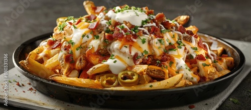 Obraz na płótnie Dirty fries topped with mature cheddar Monterey Jack cheeses jalapeno bacon sauce mozzarella and parsley with a copy space image opportunity w salonie
