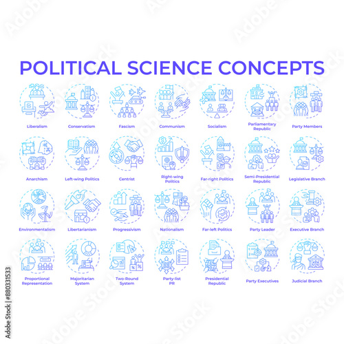 Political science blue gradient concept icons. Government structure and social politics. Political ideology. Law regulation. Icon pack. Vector images. Round shape illustrations. Abstract idea