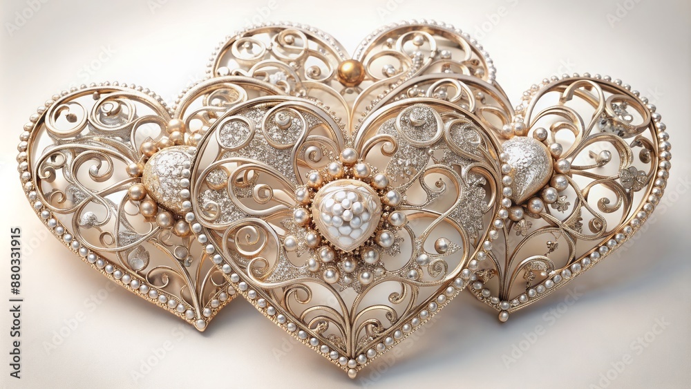 Obraz premium Luxurious golden heart-shaped ornaments adorned with sparkling crystals and delicate filigree details against a soft, snowy white background.