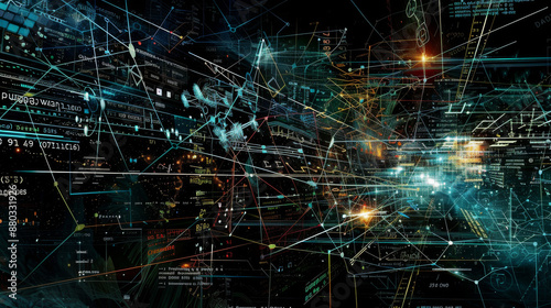 Digital image of mathematical equations and connections on a black background. Representing the global network of science, technology, and communication.