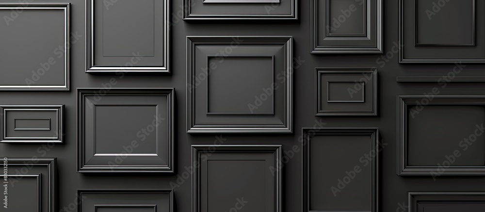 Black wall adorned with empty frames serves as a mockup for design presenting a copy space image Black wall adorned with empty frames serves as a mockup for design presenting a copy space image