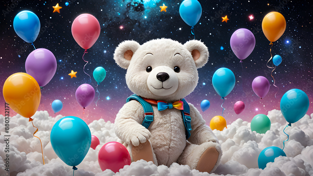 teddy bear against the background of a bouquet of balloons on a space background. holiday concept. illustration teddy bear against the background of a bouquet of balloons on a space background. holiday concept. illustration