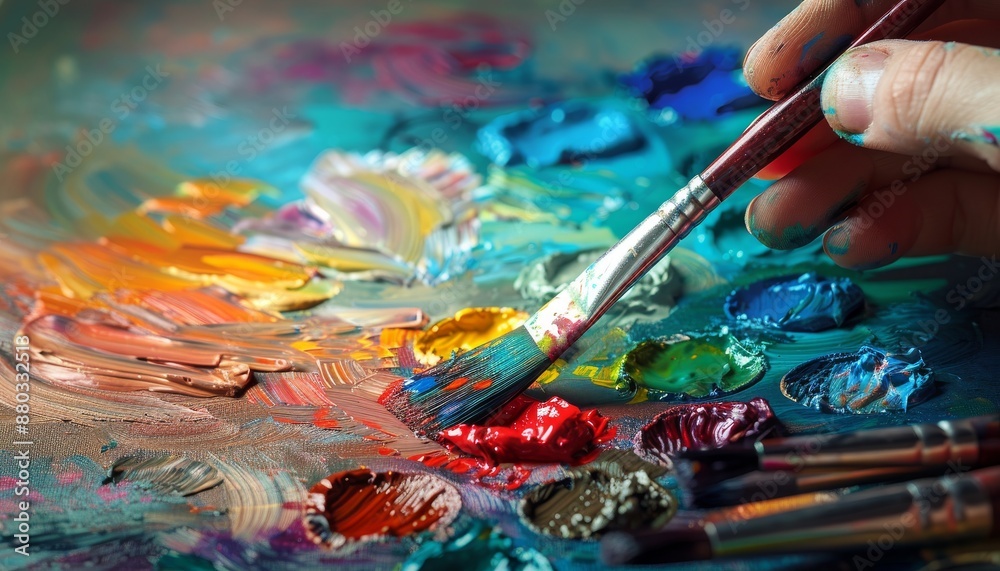 Vibrant Artistic Palette with Oil Paints and Brush Strokes in Traditional Studio Setting Vibrant Artistic Palette with Oil Paints and Brush Strokes in Traditional Studio Setting