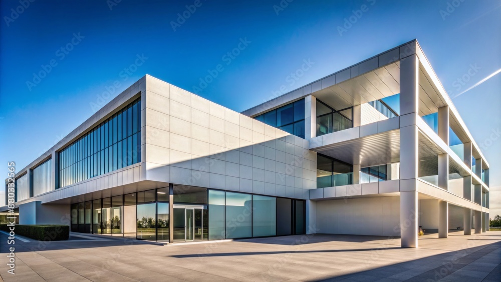 Modern angular architecture building exterior with clean lines neutral tones and subtle shadows contrast against bright blue cloudless sky. Modern angular architecture building exterior with clean lines neutral tones and subtle shadows contrast against bright blue cloudless sky.