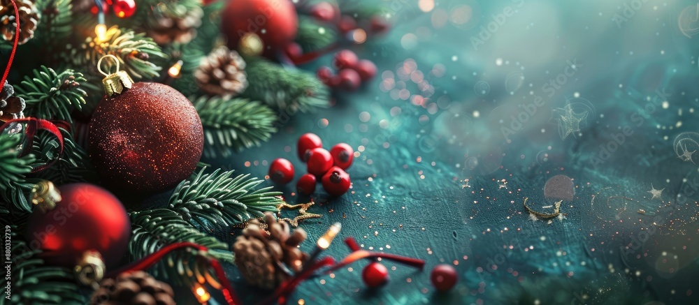 Happy Holidays wishes on a festive background with a Christmas tree decorations and copy space image