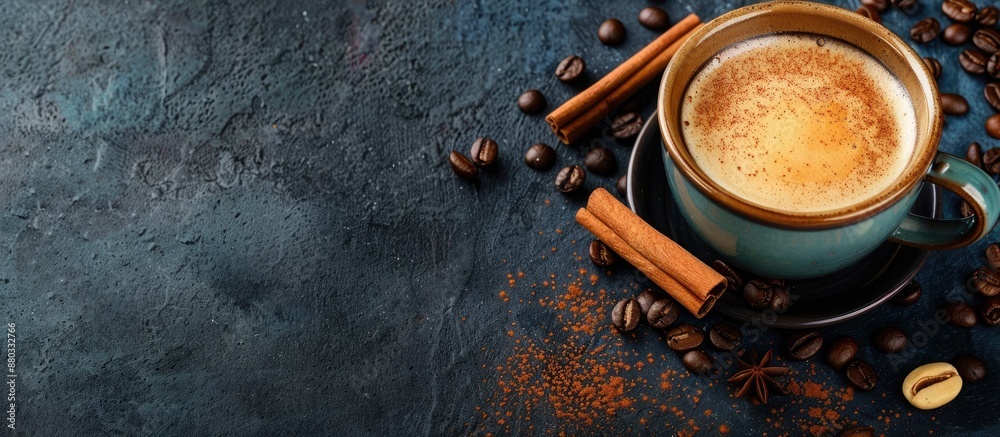 Homemade coffee cup with coffee on a dark background creating a cozy atmosphere Ideal for use in designs needing a copy space image Homemade coffee cup with coffee on a dark background creating a cozy atmosphere Ideal for use in designs needing a copy space image