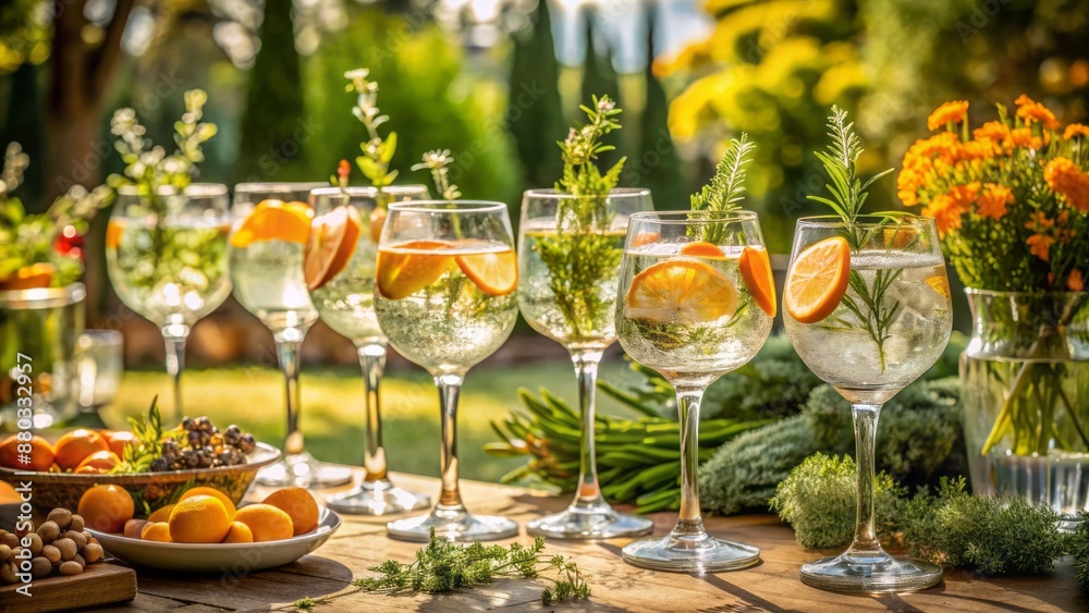 Elegant outdoor summer gathering setup with ornate garden backdrop, featuring refreshing orange and rosemary infused gin tonics in sophisticated glasses. Elegant outdoor summer gathering setup with ornate garden backdrop, featuring refreshing orange and rosemary infused gin tonics in sophisticated glasses.