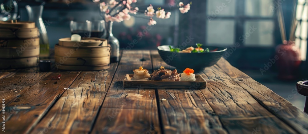 Asian food themed table setting on a wooden surface with a perspective view and ample space for text or images Asian food themed table setting on a wooden surface with a perspective view and ample space for text or images