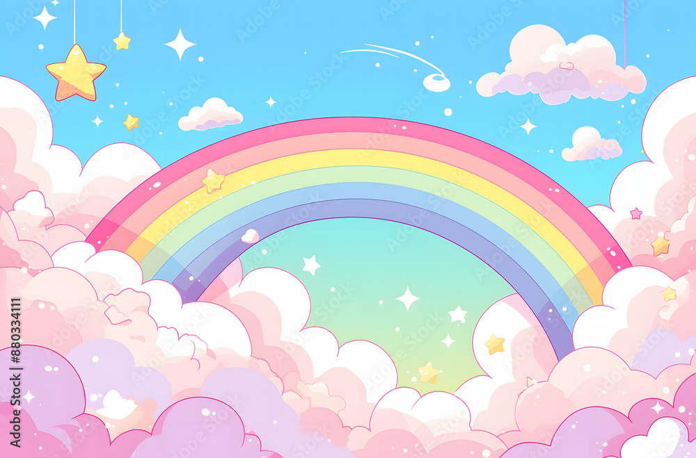 pastel background with pink, blue and purple clouds in the sky, rainbow and stars pastel background with pink, blue and purple clouds in the sky, rainbow and stars