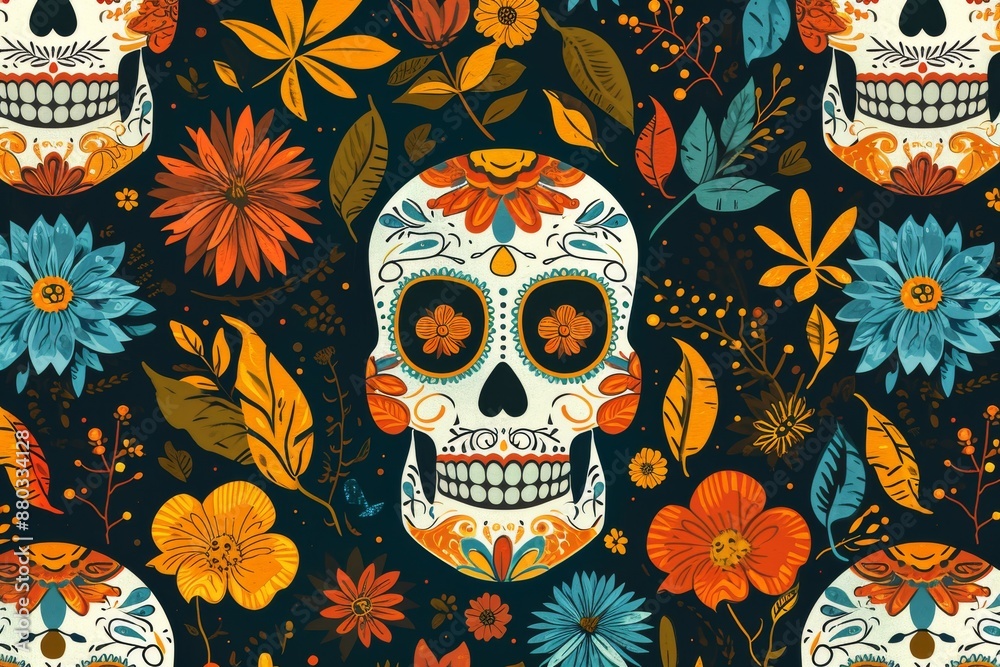 Festive Day of the Dead sugar skulls fabric, showcasing traditional Mexican artwork in bright colors, A sugar skull pattern in bright, bold colors for Dia de los Muertos, AI generated Festive Day of the Dead sugar skulls fabric, showcasing traditional Mexican artwork in bright colors, A sugar skull pattern in bright, bold colors for Dia de los Muertos, AI generated