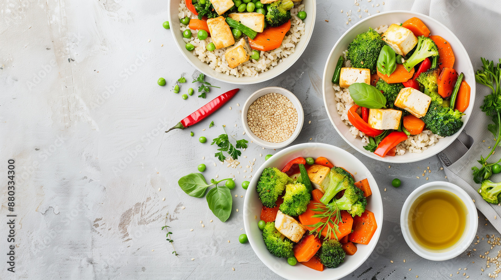 Fresh vegetable stir-fry with tofu, served in bowls Fresh vegetable stir-fry with tofu, served in bowls