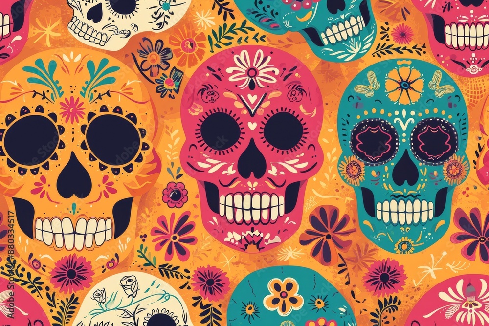 Vibrant fabric featuring Day of the Dead sugar skulls, ideal for creating festive decorations, A sugar skull pattern in bright, bold colors for Dia de los Muertos, AI generated Vibrant fabric featuring Day of the Dead sugar skulls, ideal for creating festive decorations, A sugar skull pattern in bright, bold colors for Dia de los Muertos, AI generated
