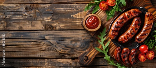 Wooden background with appetizing grilled sausages on board copy space image