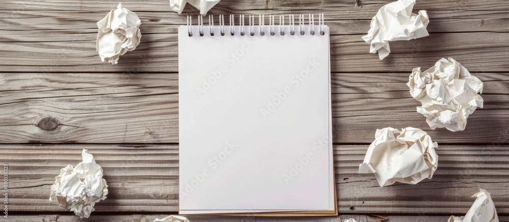 Wooden floor with crumpled paper surrounding a white note paper pad providing a copy space image Wooden floor with crumpled paper surrounding a white note paper pad providing a copy space image