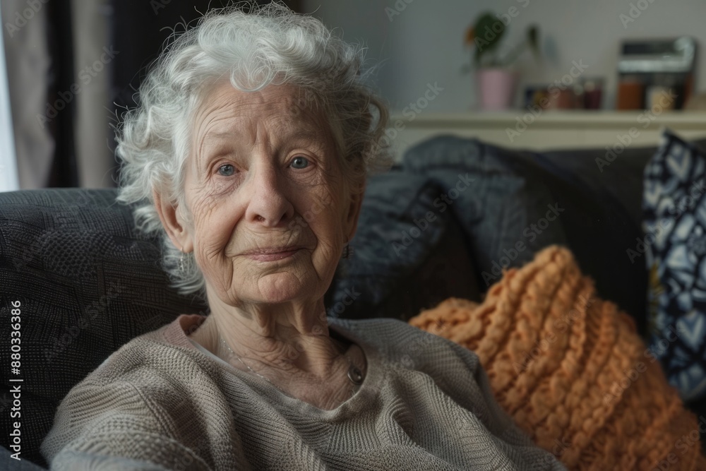 Active and mature elderly retired women at home for profile shots. Female retirees sit on the couch, look into the camera with a happy smile, enjoy retirement, talk on video conference calls, Active and mature elderly retired women at home for profile shots. Female retirees sit on the couch, look into the camera with a happy smile, enjoy retirement, talk on video conference calls,